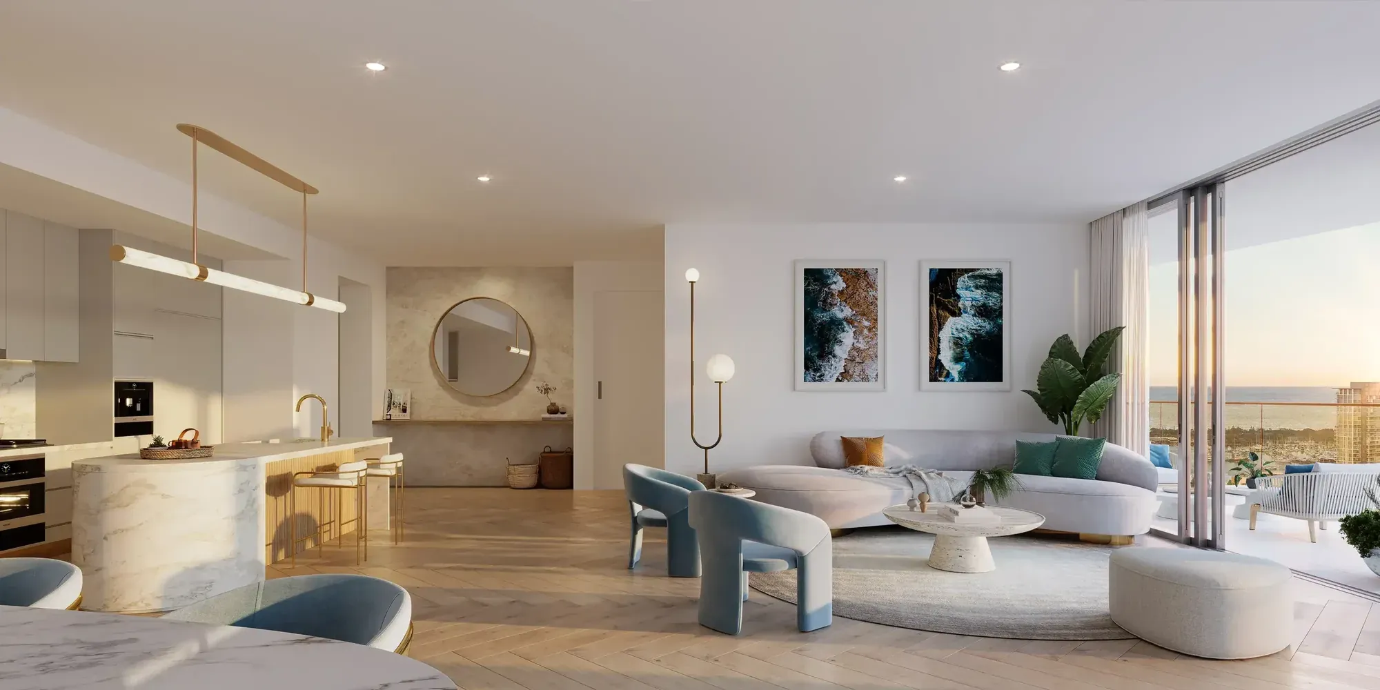 Render of a three-bedroom Monarch Place living and kitchen interior, with stone island bench and coastal views from the balcony