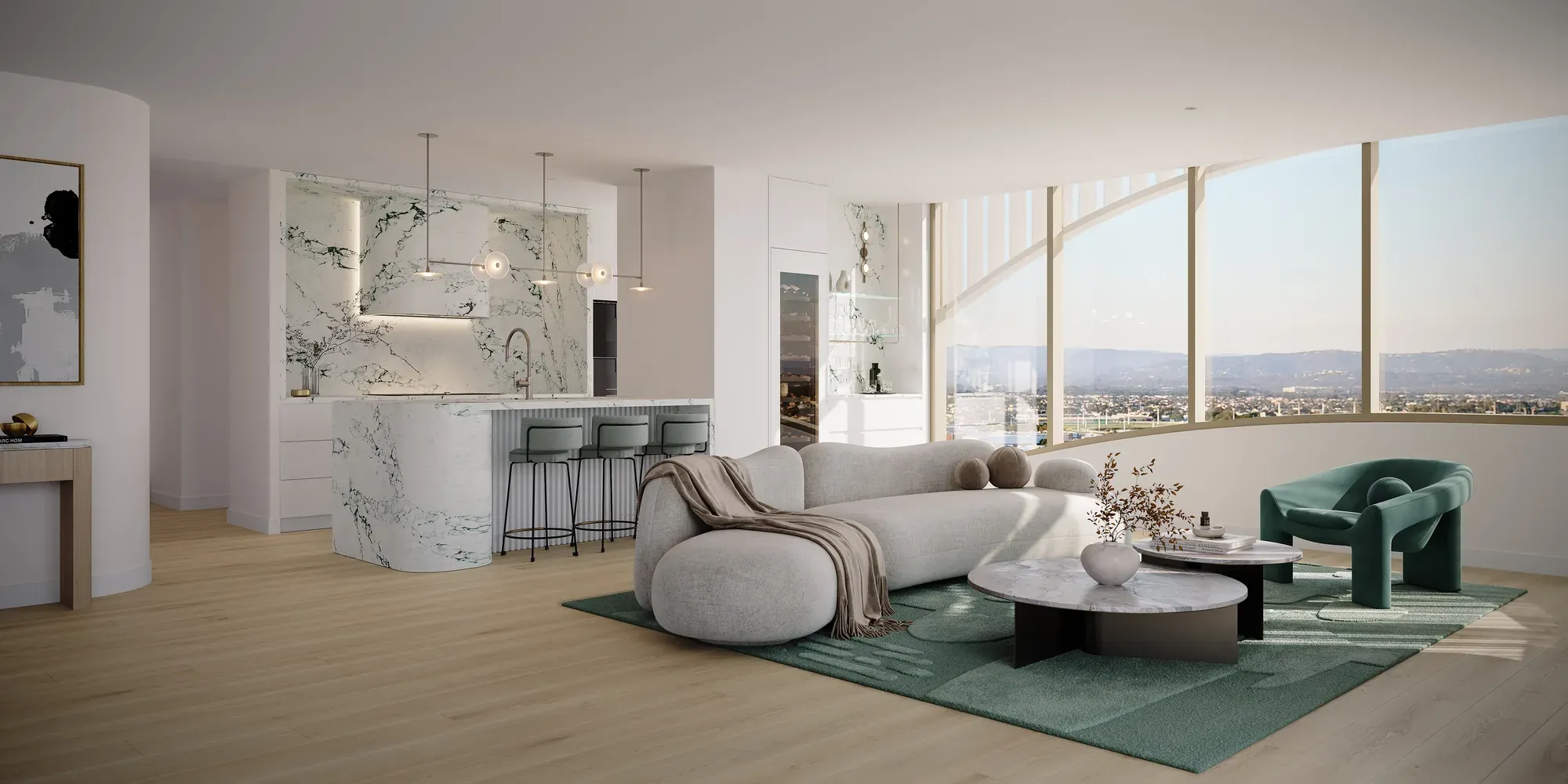Render of a Nera Residences skyhome interior: marble kitchen island, living area and curved floor-to-ceiling windows framing hinterland views