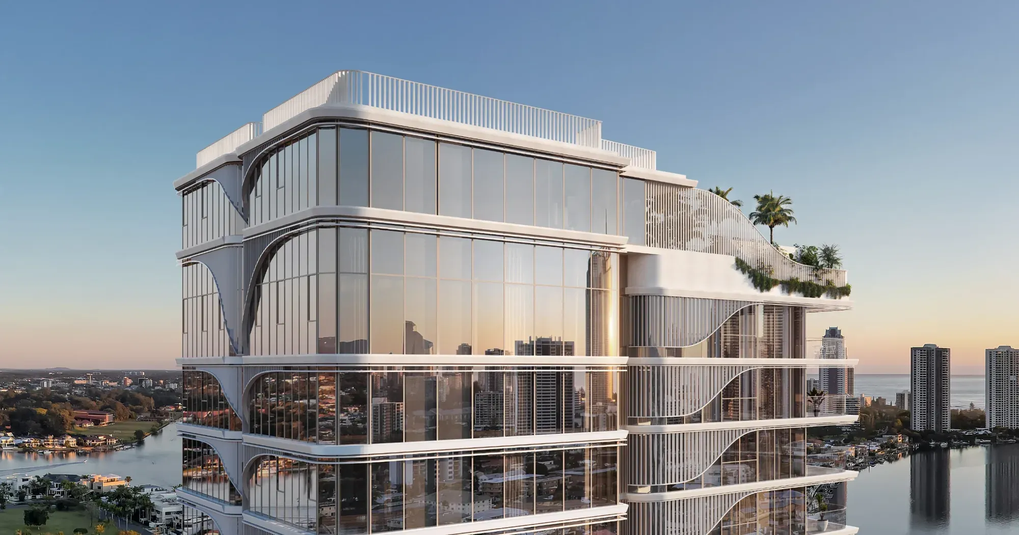 Render of the upper levels of Nera Residences on Chevron Island, curved glass facade catching golden-hour light above the Gold Coast waterways