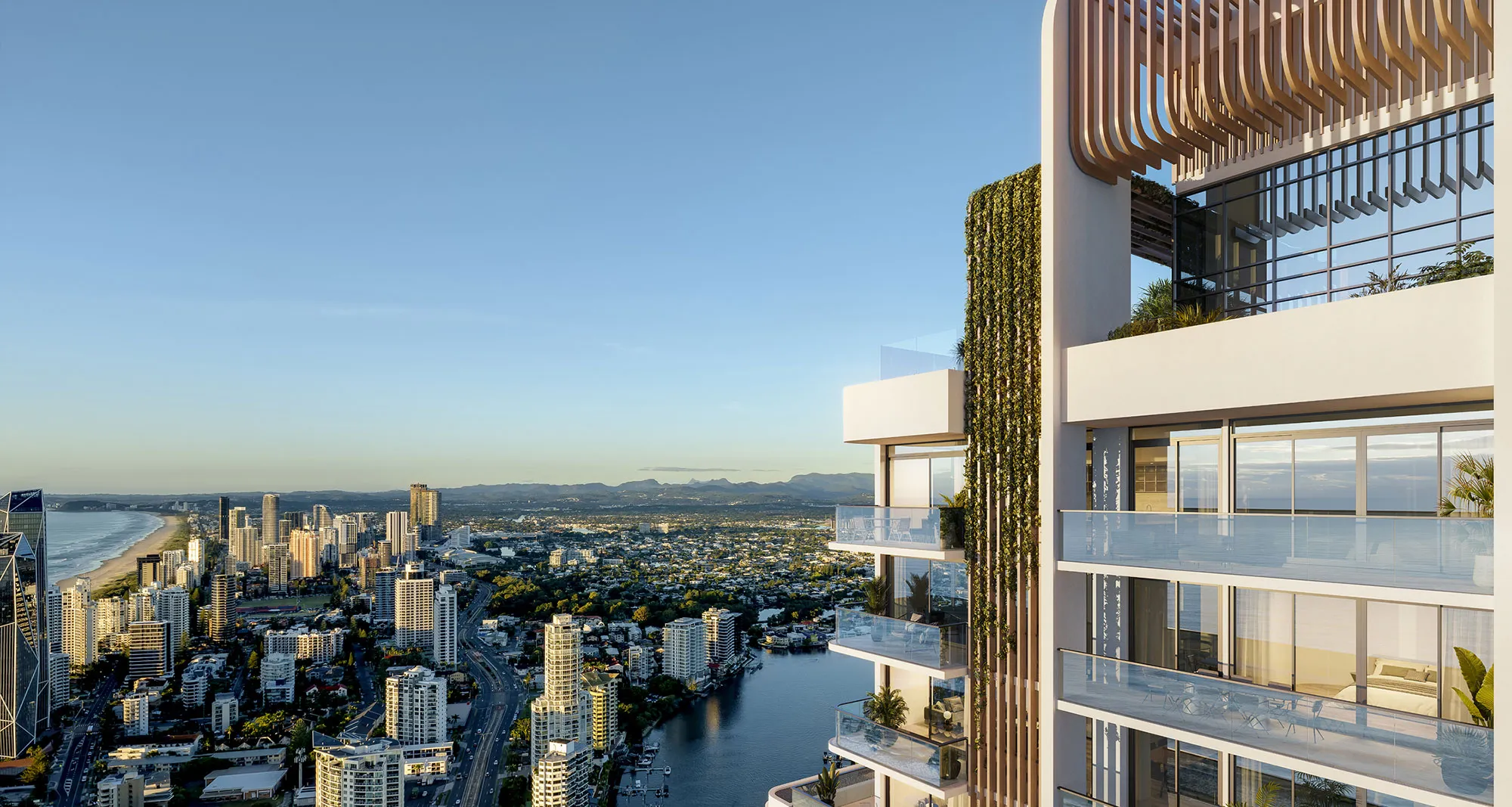 Render of the upper levels of 26 Vista, curved white balconies and a green spine of planting above the Surfers Paradise river and skyline