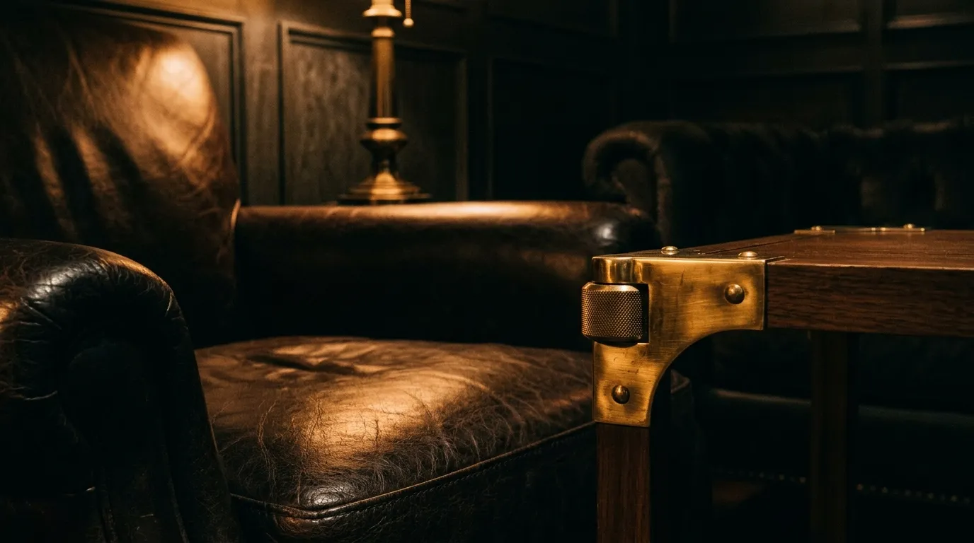 Dark polished leather and warm brass hardware in a quiet private office: understated premium character