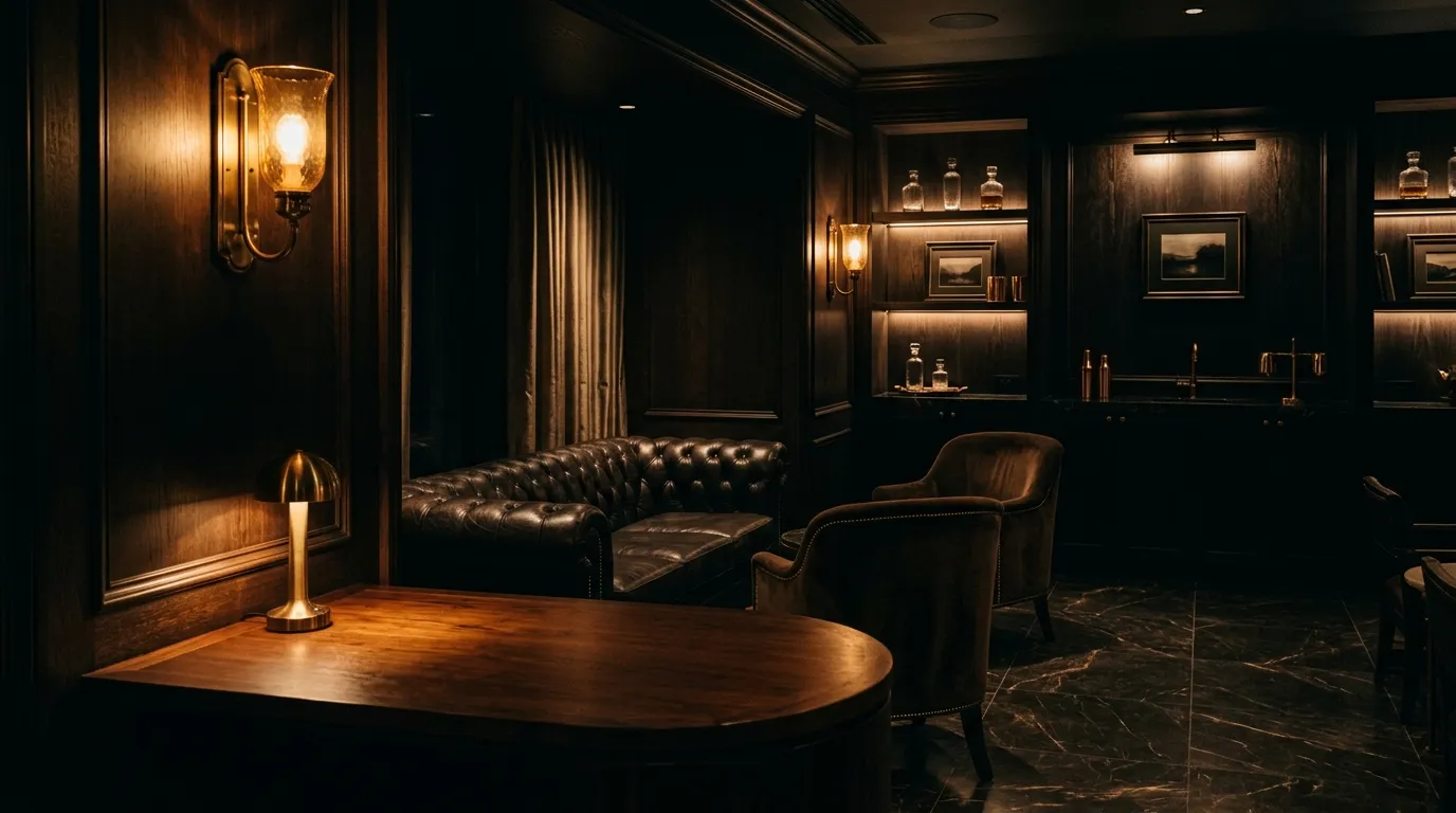 Warm gold lamplight in a darkened private members' lounge: intimate, unhurried luxury