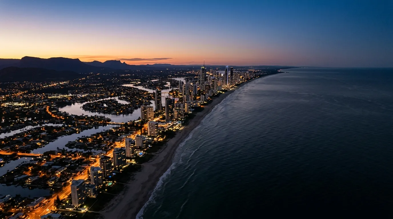 Gold Coast coastline at blue hour, dark calm ocean and city lights gathering beneath a deep twilight sky